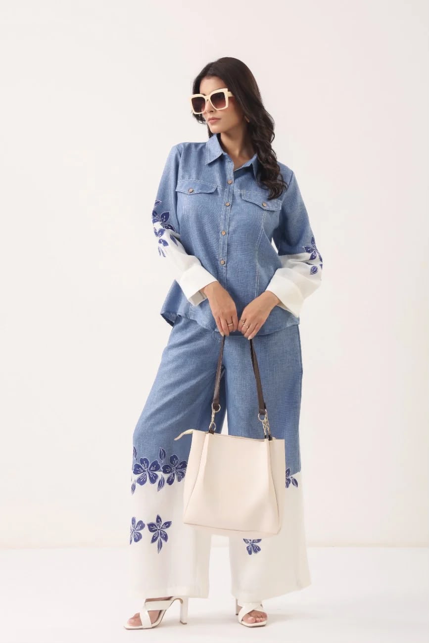 Kesar-3, Hand-Painted Blue Denim Co-Ord Set