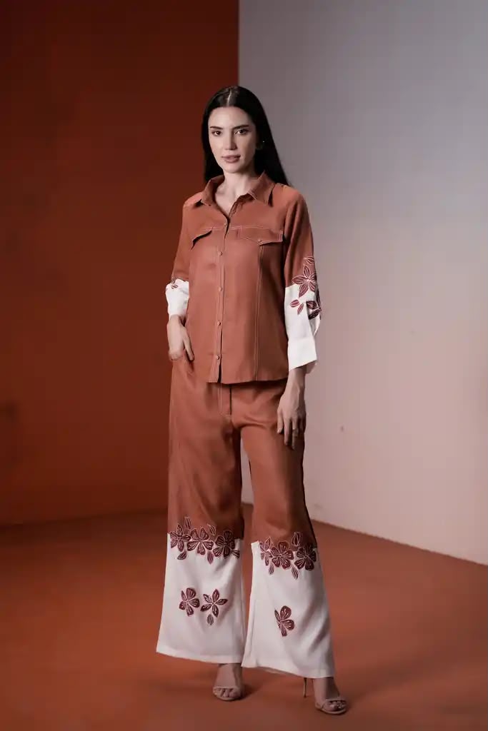 Kesar-4, Hand-Painted Rust Orange Co-Ord Set