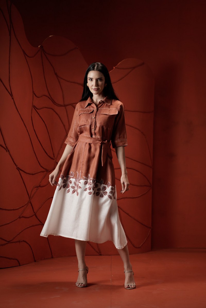 Kusum-1, Hand-Painted Cotton Rust Orange Maxi Dress