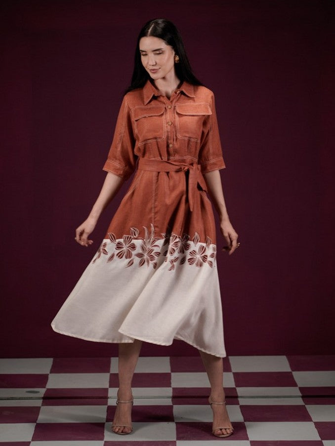 Kusum-1, Hand-Painted Cotton Rust Orange Maxi Dress