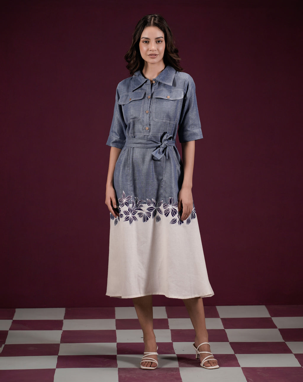 Kusum-2, Hand-Painted Cotton Blue denim Maxi Dress