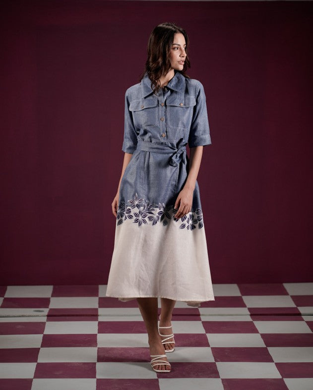 Kusum-2, Hand-Painted Cotton Blue denim Maxi Dress