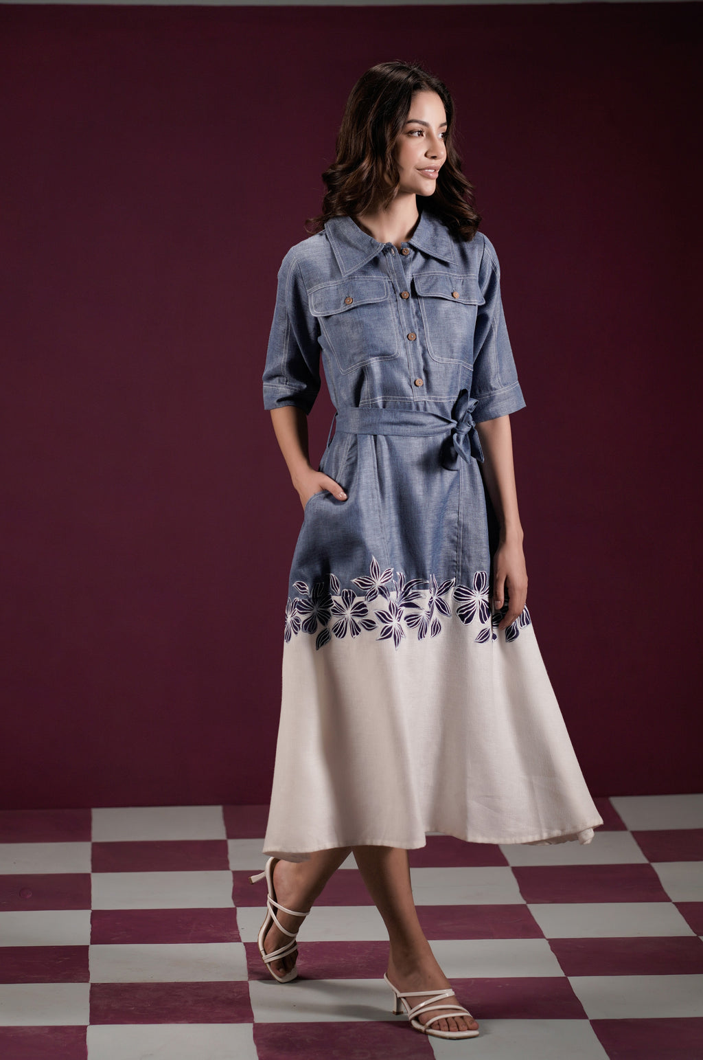 Kusum-2, Hand-Painted Cotton Blue denim Maxi Dress