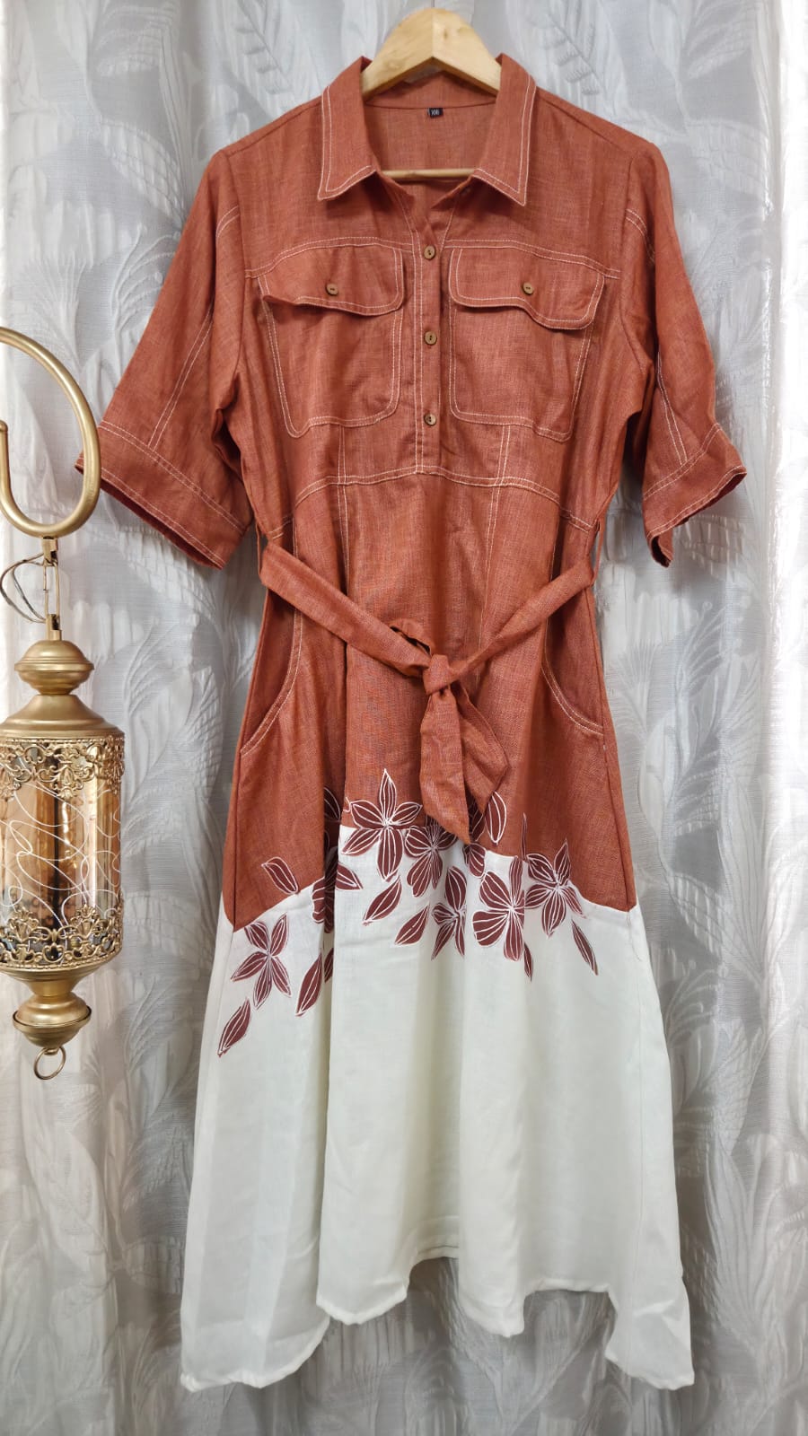 Kusum-1, Hand-Painted Cotton Rust Orange Maxi Dress